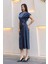 Toka ve Drape Detaylı Soft Saten Midi Elbise 6042-LACIVERT 4