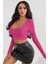 Kadın Fuşya Uzun Kol Kare Yaka Crop Top Bluz 5