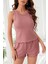 Kadın Tozlu Pembe Kenarları Fırfırlı Şortlu Kaşkorse Gecelik Takımı 3