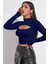 Kadın Lacivert Göğüs Dekolteli Uzun Kollu Cut Out Crop Top Bluz 5
