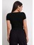 Kadın Siyah Yuvarlak Yaka Yarım Kol Crop Top Bluz 2