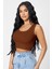 Kadın Kahverengi Kare Yaka Crop Top Bluz 5