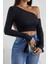 Kadın Siyah Tek Omuz Detaylı Uzun Kol Crop Top Bluz 4
