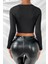Kadın Siyah Göğüs Dekolteli Çapraz Askılı Uzun Kollu Crop Top Bluz 2