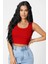 Kadın Kırmızı Kare Yaka Crop Top Bluz 4