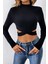 Kadın Siyah Çapraz Bel Detaylı Dik Yaka Uzun Kol Crop Top Bluz 1