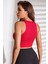 Kadın Kırmızı Derin Göğüs Dekolteli Şık Crop Top Bluz 4