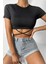 Kadın Siyah Yarım Kol Çapraz Bağlamalı Crop Top Bluz 4