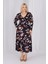 Kadın Siyah Kahve Floral Desen Kruvaze Yaka Büyük Beden Esnek Maxi Elbise 1