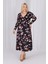 Kadın Siyah Kahve Floral Desen Kruvaze Yaka Büyük Beden Esnek Maxi Elbise 2