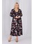 Kadın Siyah Kahve Floral Desen Kruvaze Yaka Büyük Beden Esnek Maxi Elbise 3
