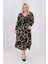 Kadın Haki Yeşil Leopar Desen Kruvaze Yaka Büyük Beden Esnek Maxi Elbise 3