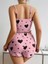 Pamuklu Pembe Üstüne Siyah Kalp Desenli Askılı Fitilli Şortlu Pijama Takımı 6
