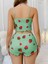 Pamuklu Yeşil Üstüne Çilek Desen Fitilli Askılı Şortlu Pijama Takımı 6
