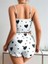 Pamuklu Beyaz Üstüne Siyah Kalp Desen Fitilli Askılı Şortlu Pijama Takımı 4