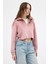 Pembe Kadın Peluş Yarım Fermuarlı Crop Sweatshirt 3056A 3