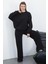 Kadın Pamuk 3 Iplik Şardonsuz Oversize Sweatshirt & Geniş Paça Eşofman Altı Takım-Siyah 2