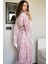 Pembe Desenli Saten Yarasa Kol Kimono-Pantolon Takım 3