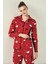 Kırmızı Cotton Düğmeli Yaka Bulut Desenli Kadın Pijama Takımı 3