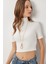 Dik Yaka Crop Fitilli Örme Bluz LUB0295 Kemik 1