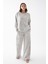 Kadın Oversize Gri Çiçek Desenli Pamuklu Kalın Pijama Takımı 1