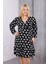 Kadın Siyah Kurdele Desen Kruvaze Yaka Esnek Bel Büyük Beden Elbise 5