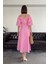 Balon Kol Premium Keten Elbise- Pembe 6
