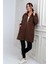 Kadın Önü Fermuarlı Altı Lastikli Cepli Uzun Kaşe Mont 1