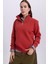 Kadın Relax Fit Rahat Kesim Pamuklu Içi Polarlı Yarım Fermuarlı Kırmızı Dik Yaka Sweatshirt 4