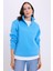 Kadın Relax Fit Rahat Kesim Pamuklu Içi Polarlı Yarım Fermuarlı Mavi Dik Yaka Sweatshirt 1