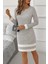Kadın Uzun Kollu Yuvarlak Yaka Etek Ucu Şerit Detaylı Mini Dokuma Elbise 2