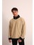 Erkek Bej Fermuarlı Yaka ve Kol Ucu Siyah Garni Detaylı Sweatshirt 2