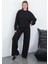 Kadın Pamuk 3 Iplik Şardonsuz Oversize Sweatshirt & Geniş Paça Eşofman Altı Takım-Siyah 8