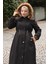 Kürk Yakalı Beli Bağcıklı Mont Siyah 19269 2