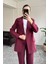 Kruvaze Düğmeli Keten Takım- Bordo 6