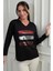 Kadın V Yaka Önü Yazı Baskılı Triko Bluz 1
