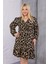 Kadın Kahve Leopar Desen Kruvaze Yaka Esnek Bel Büyük Beden Elbise 5