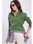 Kadın Relax Fit Rahat Kesim Pamuklu Içi Polarlı Yarım Fermuarlı Yeşil Dik Yaka Sweatshirt 1