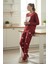 Kırmızı Kalp Baskılı Ev Temalı Uzun Kollu Kadın Pijama Takımı 3