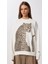Kadın Leopar Figürlü Kolu Yazı Baskılı Sweatshirt Ekru 2