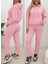 Kadın Uzun Kollu Kapşonlu Bağcıklı Üç Iplik Bluz ve Pantolon Ikili Takım 1