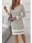 Kadın Uzun Kollu Yuvarlak Yaka Etek Ucu Şerit Detaylı Mini Dokuma Elbise 2