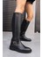 Toby Kadın Siyah Gercek Deri Lastik Detayli Çizme 2