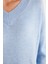 Kadın Slim Fit Dar Kesim V Yaka mavi Kazak 6
