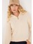 Kadın Oversize Geniş Kesim Dokumalı Fermuarlı Yaka Ekru Kazak 1
