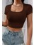 Kadın Kahverengi Yarım Kol Düz Yaka Crop Top Bluz 1