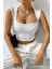 Kadın Beyaz Kare Yaka Kalınlaşan Omuz Detaylı Crop Top Bluz 1