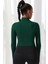 Kadın Yeşil Uzun Kol Fermuarlı Parmak Geçme Detaylı Dik Yaka Crop Top Bluz 2