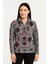 Kadın Yarım Fermuarlı Desenli Polar Sweat Tribal Etnik Desen Yakalı, Uzun Kollu, Oversize Rahat Kalıp - Füme 1