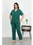 Kadın Büyük Beden Pamuklu Cepli Düğmeli Zümrütyeşili Pijama Takım 1